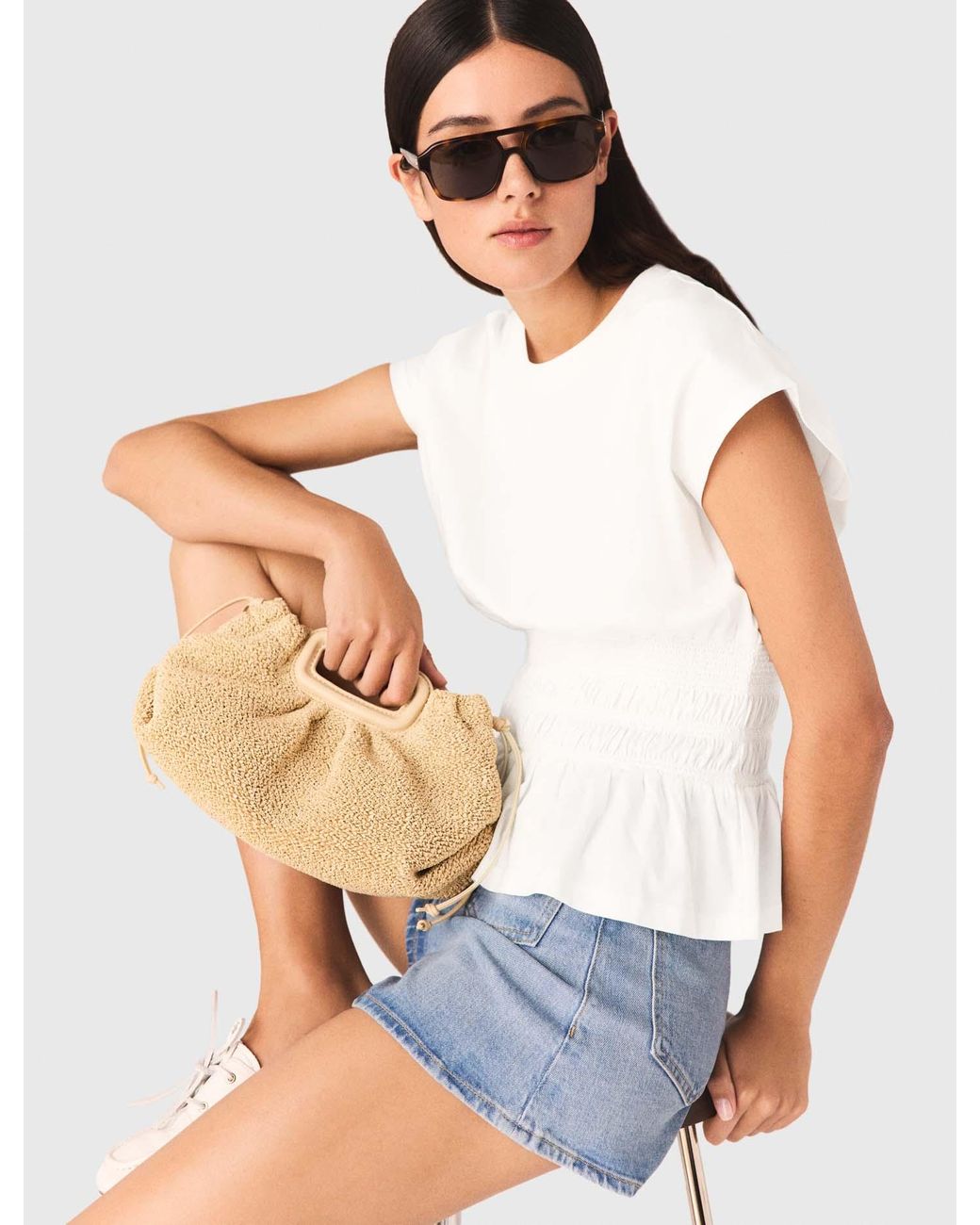 Maje White Fitted Pleated T-Shirt