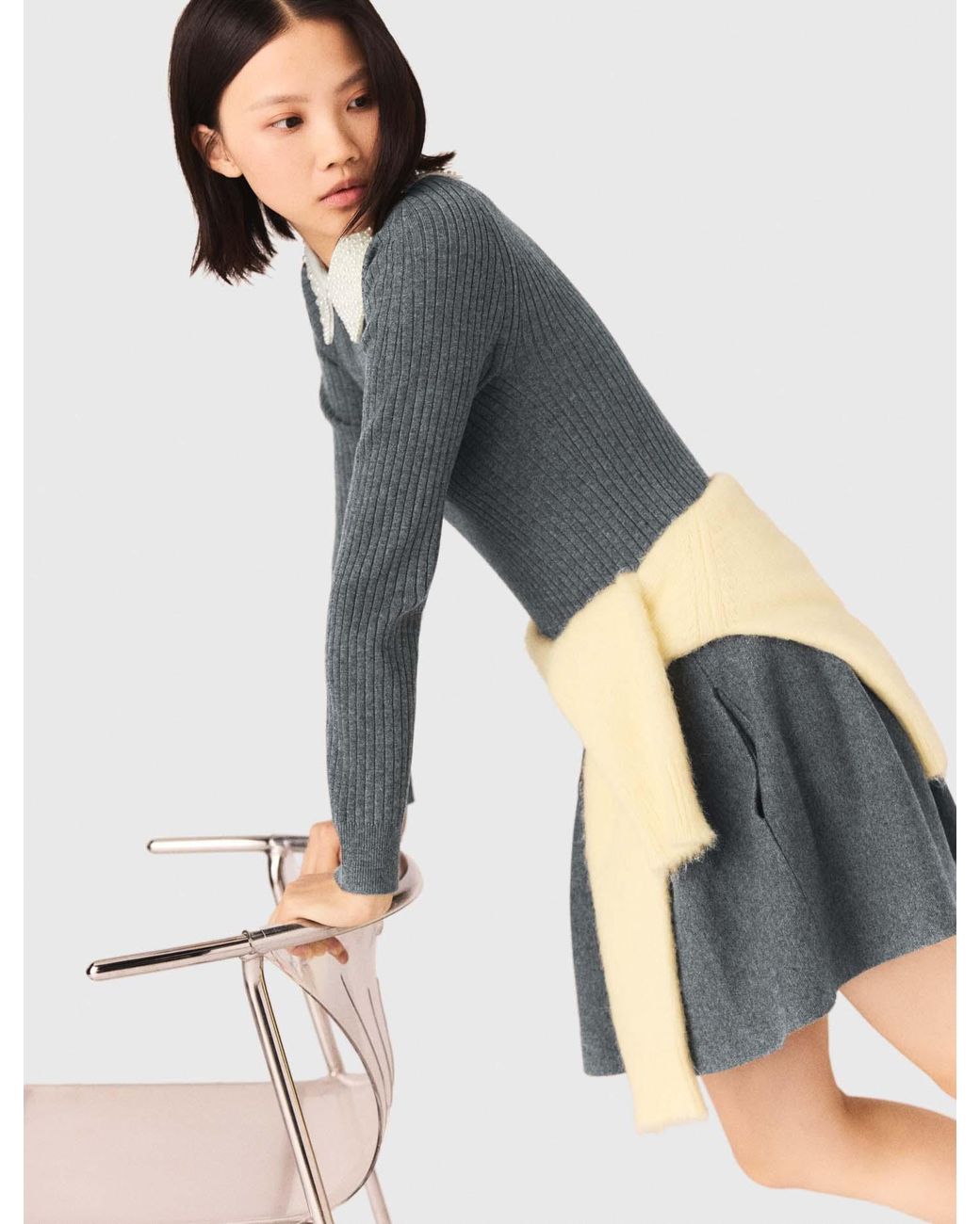 Maje White Beaded-Collar Short Knit Dress