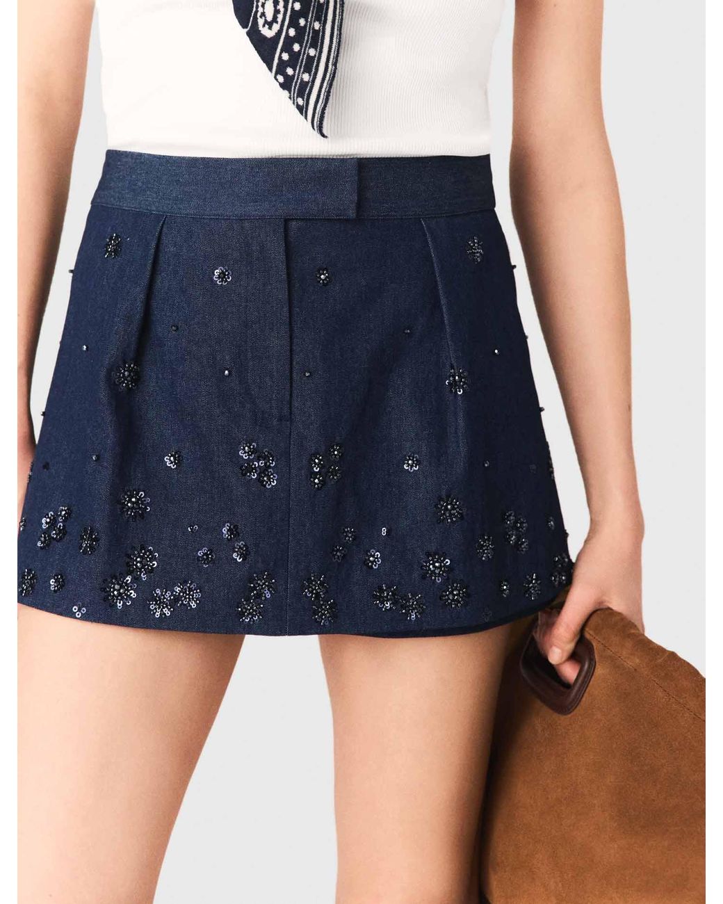 Maje Blue Embroidered Layered Denim Shorts