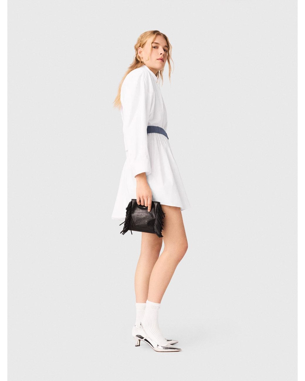 Maje White Shirt Dress With Contrast Belt