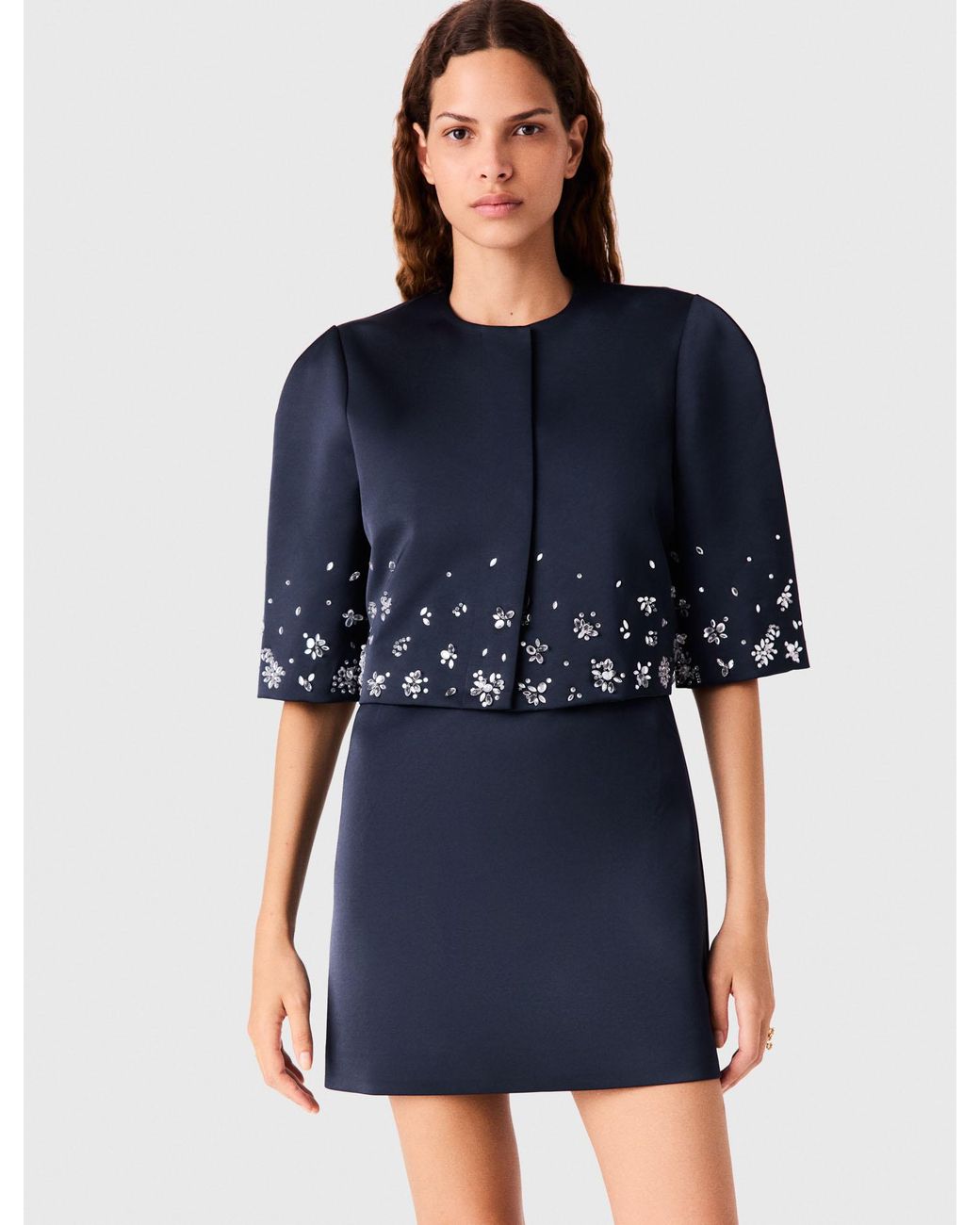 Maje Blue Short Embroidered Satin Jacket