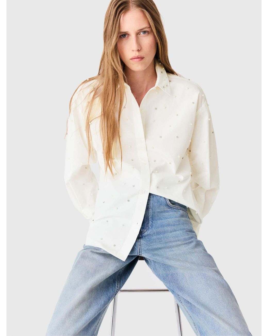 Maje Blue Rhinestone Shirt With Tie