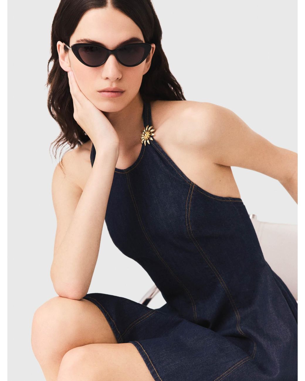 Maje Blue Short Denim Dress With Brooch
