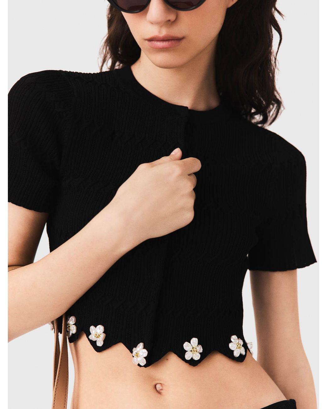Maje Black Cardigan With Floral Jewel Details