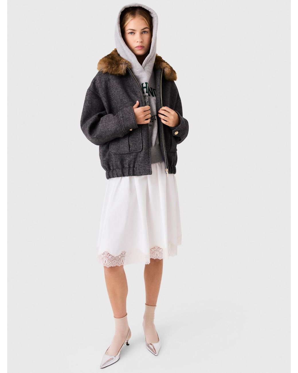 Maje White Faux Fur Collar Jacket