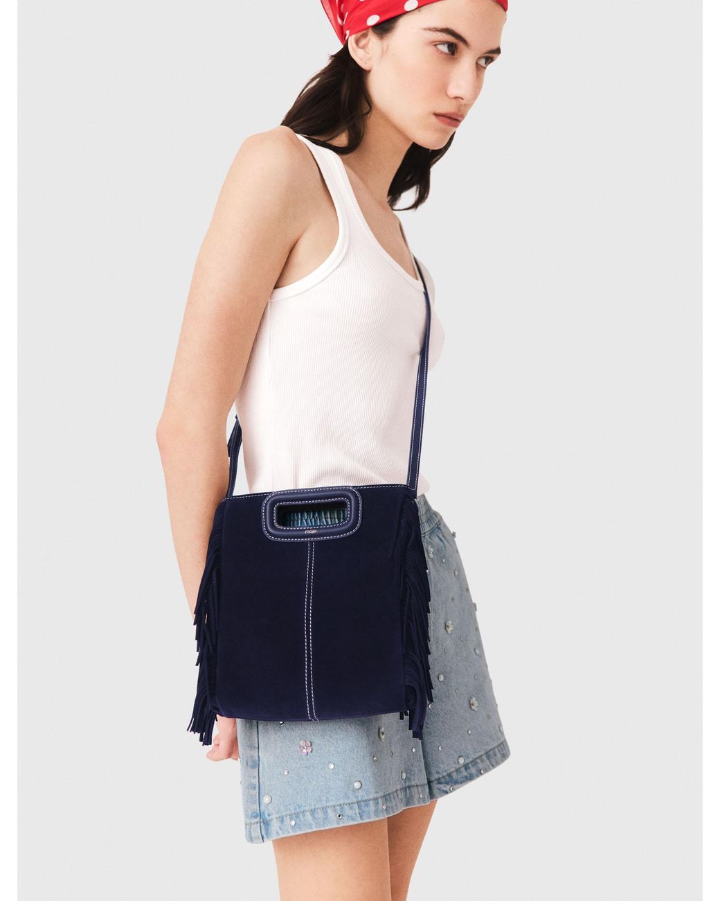 Maje Blue Topstitched Suede M Bag