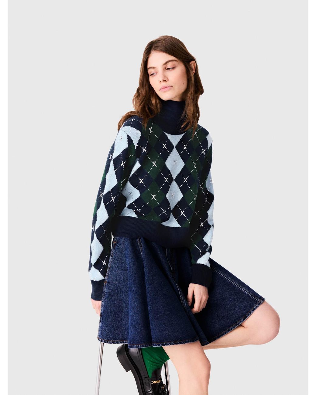 Maje Blue Argyle-Pullover Mit Strass