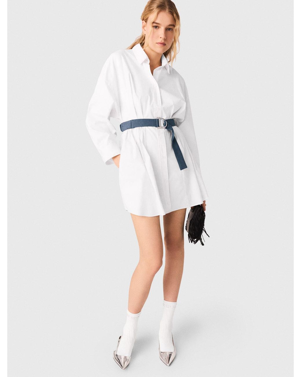 Maje White Shirt Dress With Contrast Belt