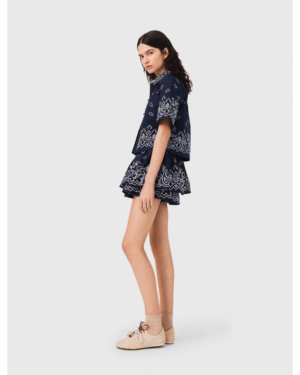 Maje Blue Short Embroidered Ruffled Skirt