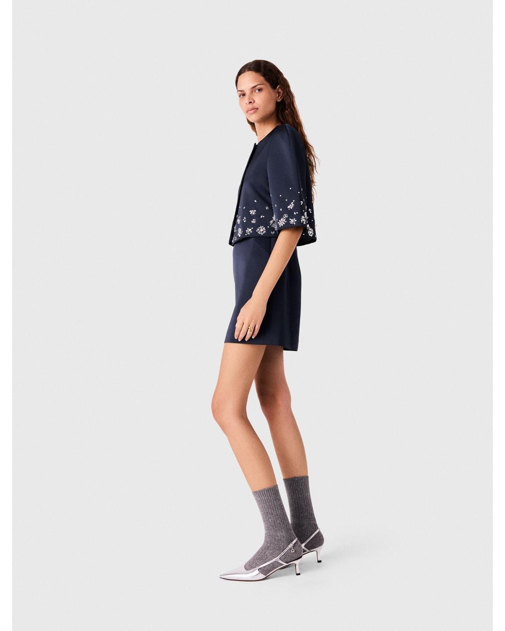 Maje Blue Short Embroidered Satin Jacket