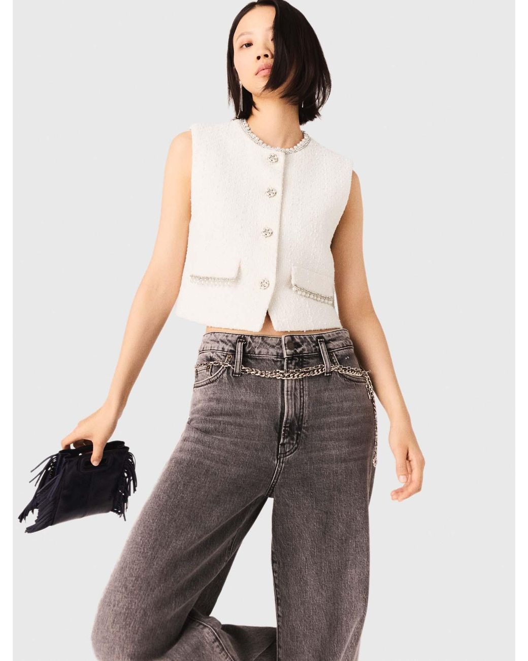 Maje White Beaded Tweed Jacket