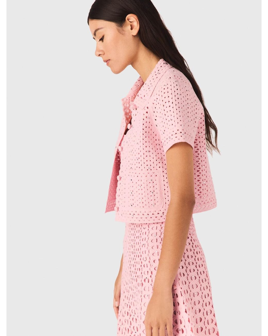 Maje Pink Rhinestone Crochet Cardigan