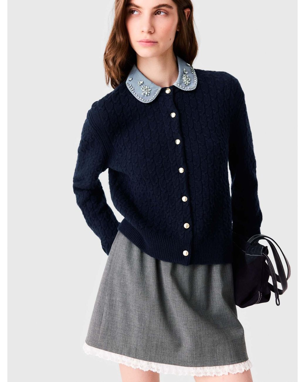 Maje Blue Cardigan With Poplin Collar