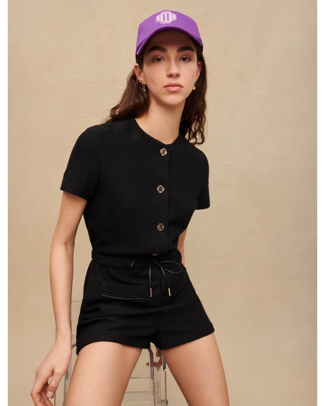 Maje Black Tweed Playsuit in Natural Lyst