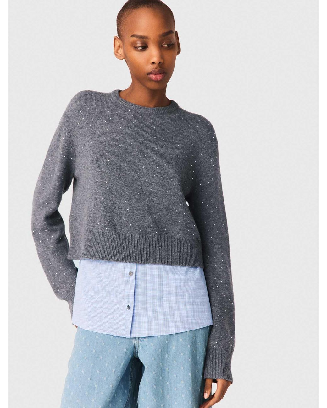 Maje Blue Removable Rhinestone Trim Jumper