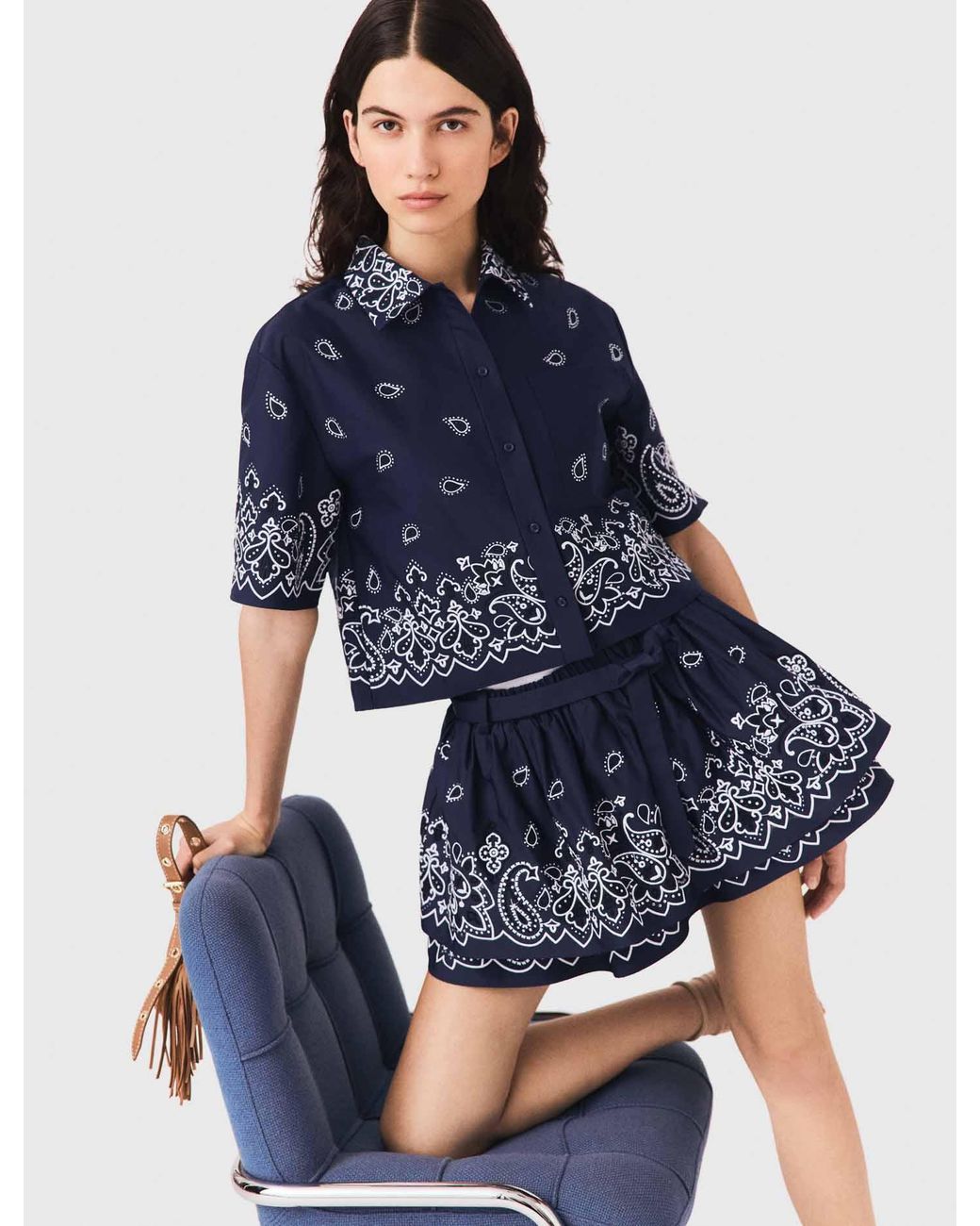 Maje Blue Short Embroidered Ruffled Skirt