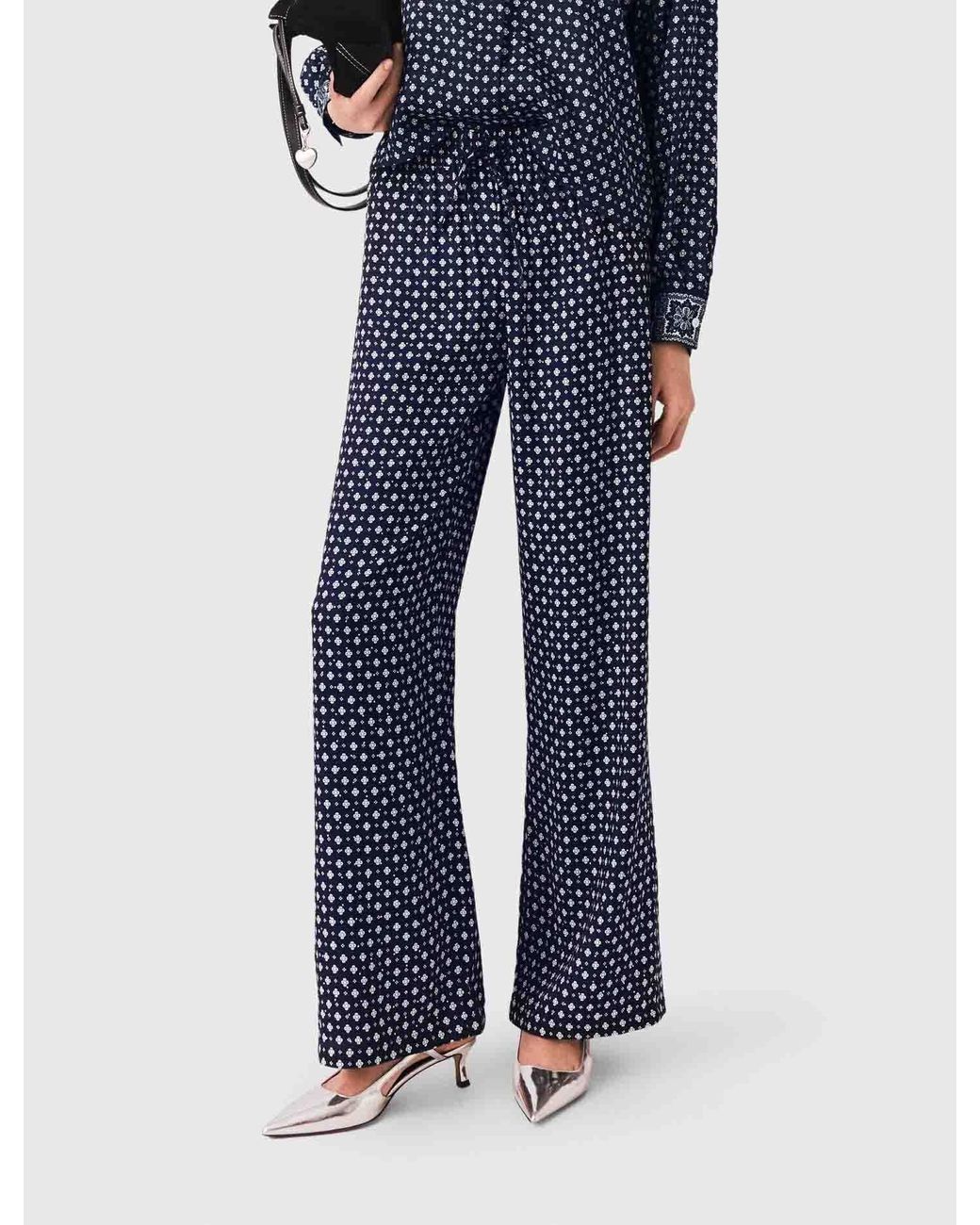 Maje Blue Wide-Leg Trousers With Rhinestone