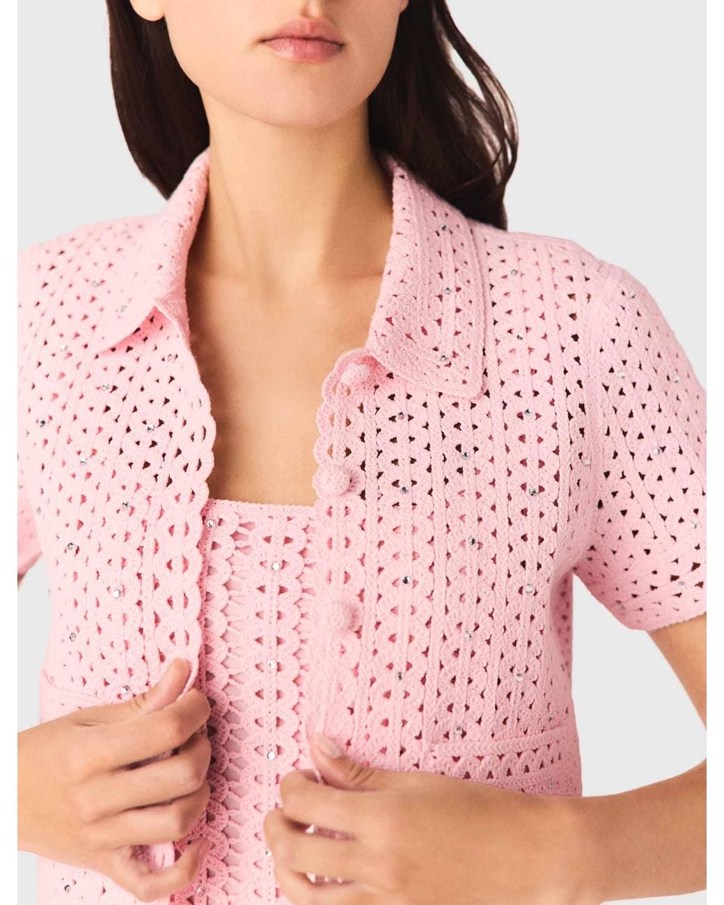 Maje Pink Rhinestone Crochet Cardigan