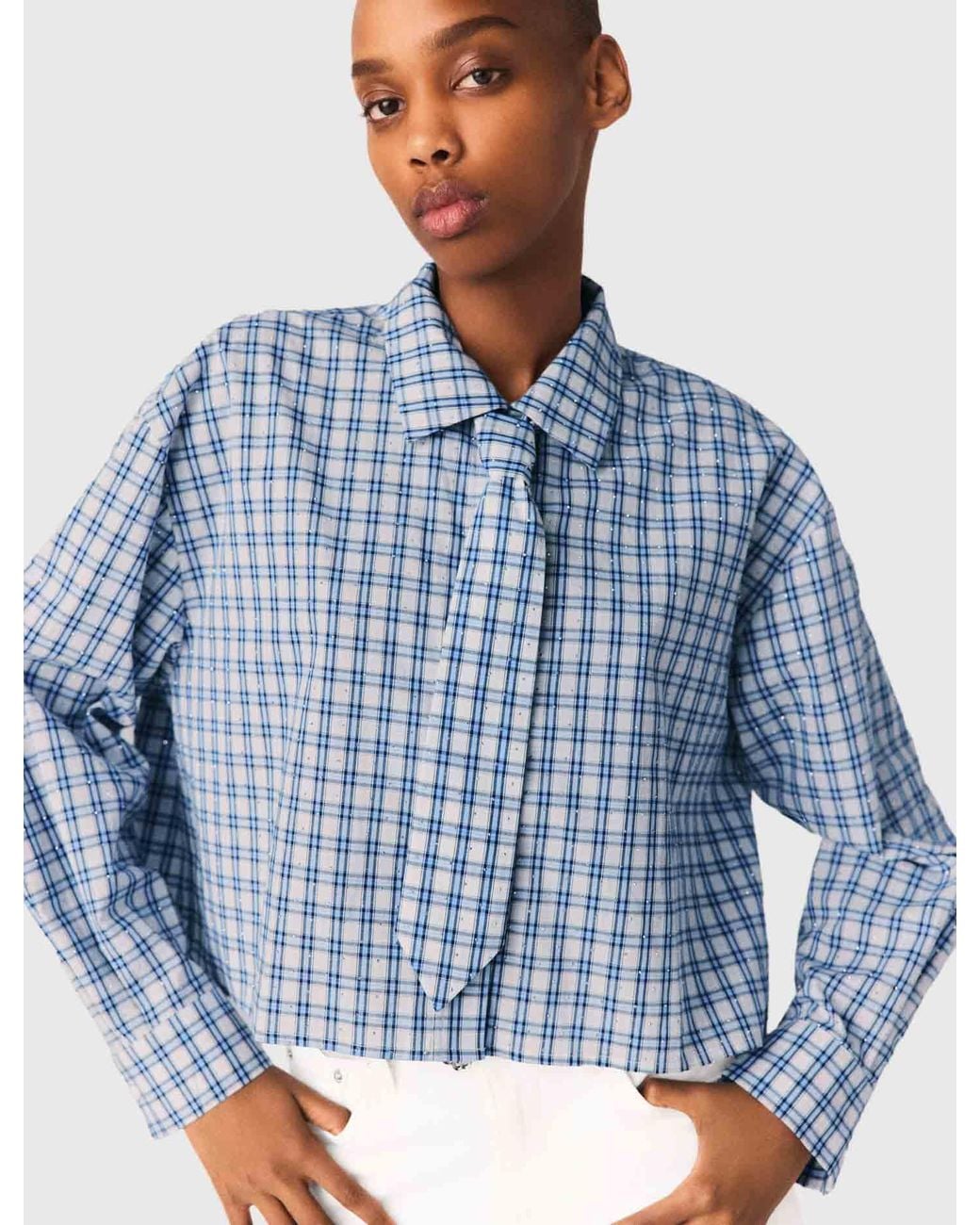 Maje Blue Rhinestone Shirt With Removable Tie