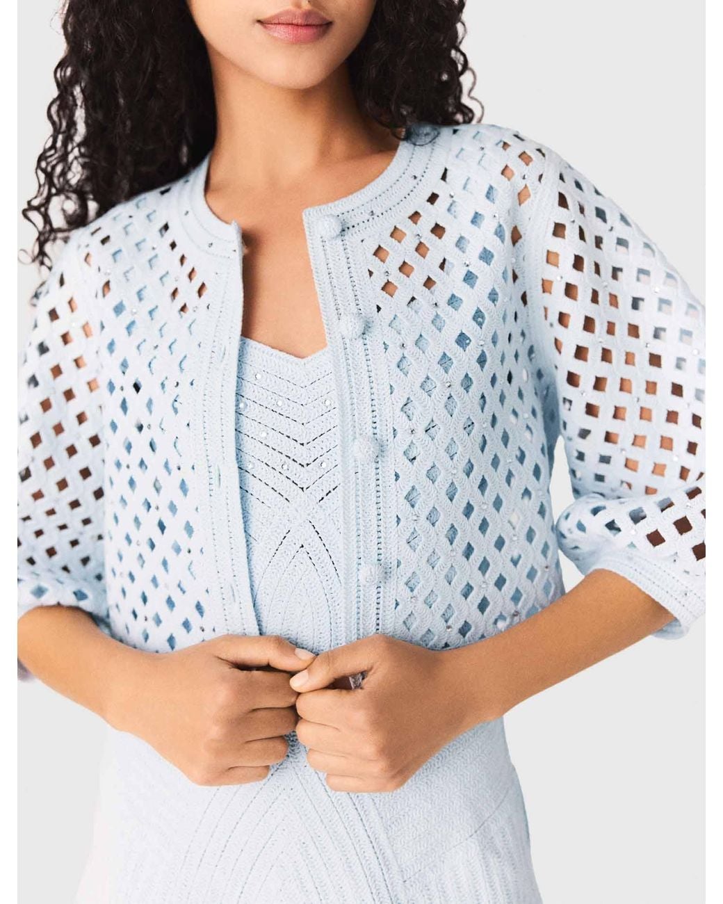 Maje Blue Rhinestone Crochet Cardigan