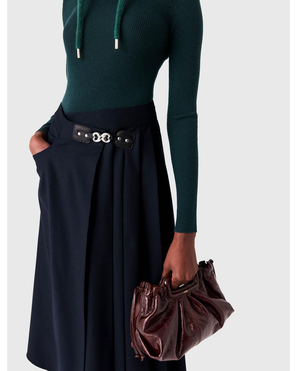 Maje Blue Long Pleated Skirt With Buckle