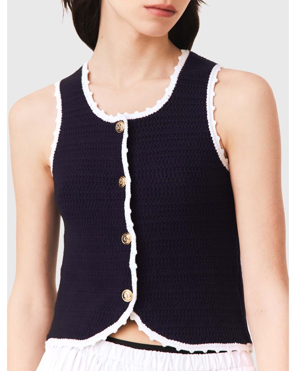 Maje White Knit Top With Crochet Trim