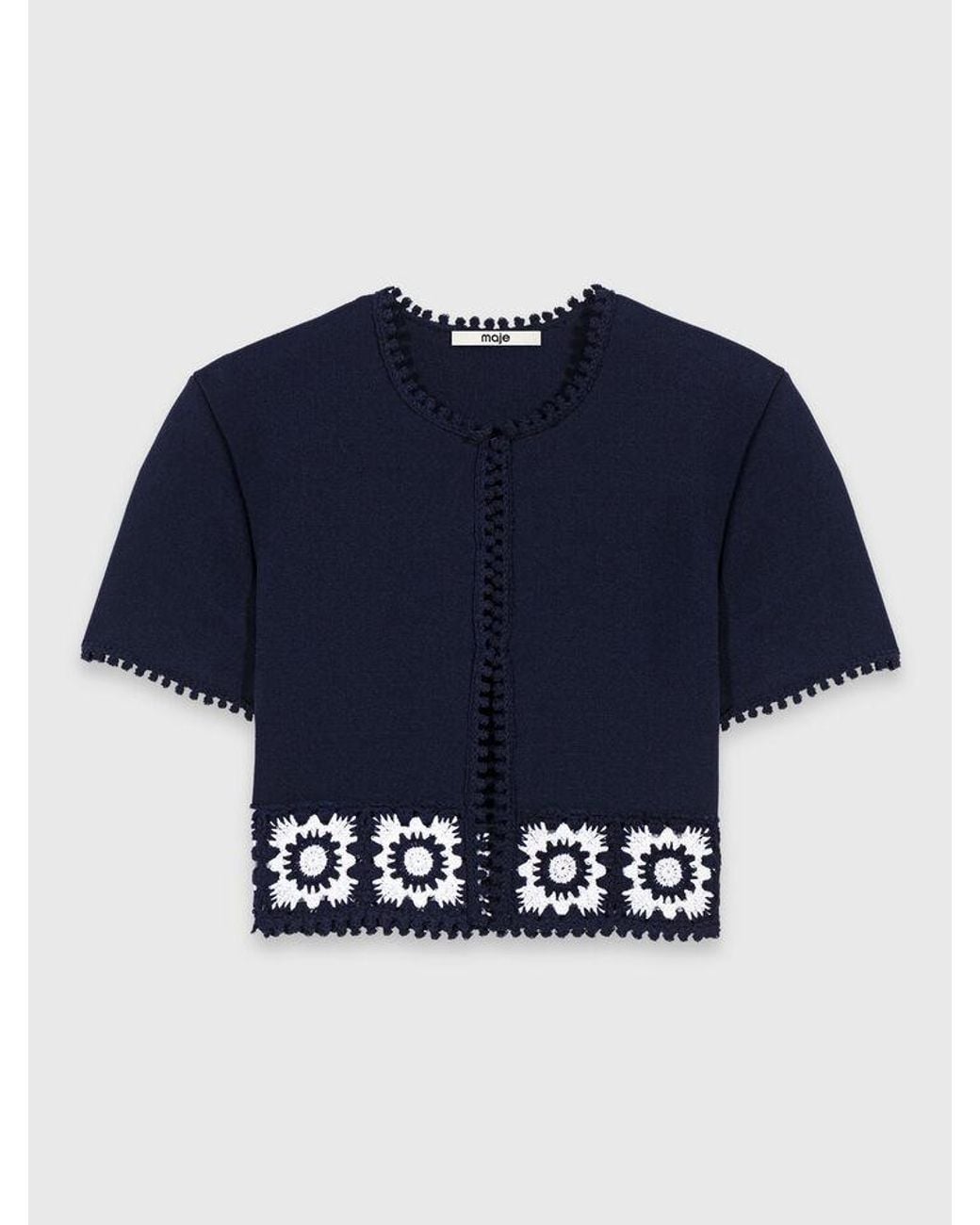 Maje Blue Cardigan With Crochet Panels
