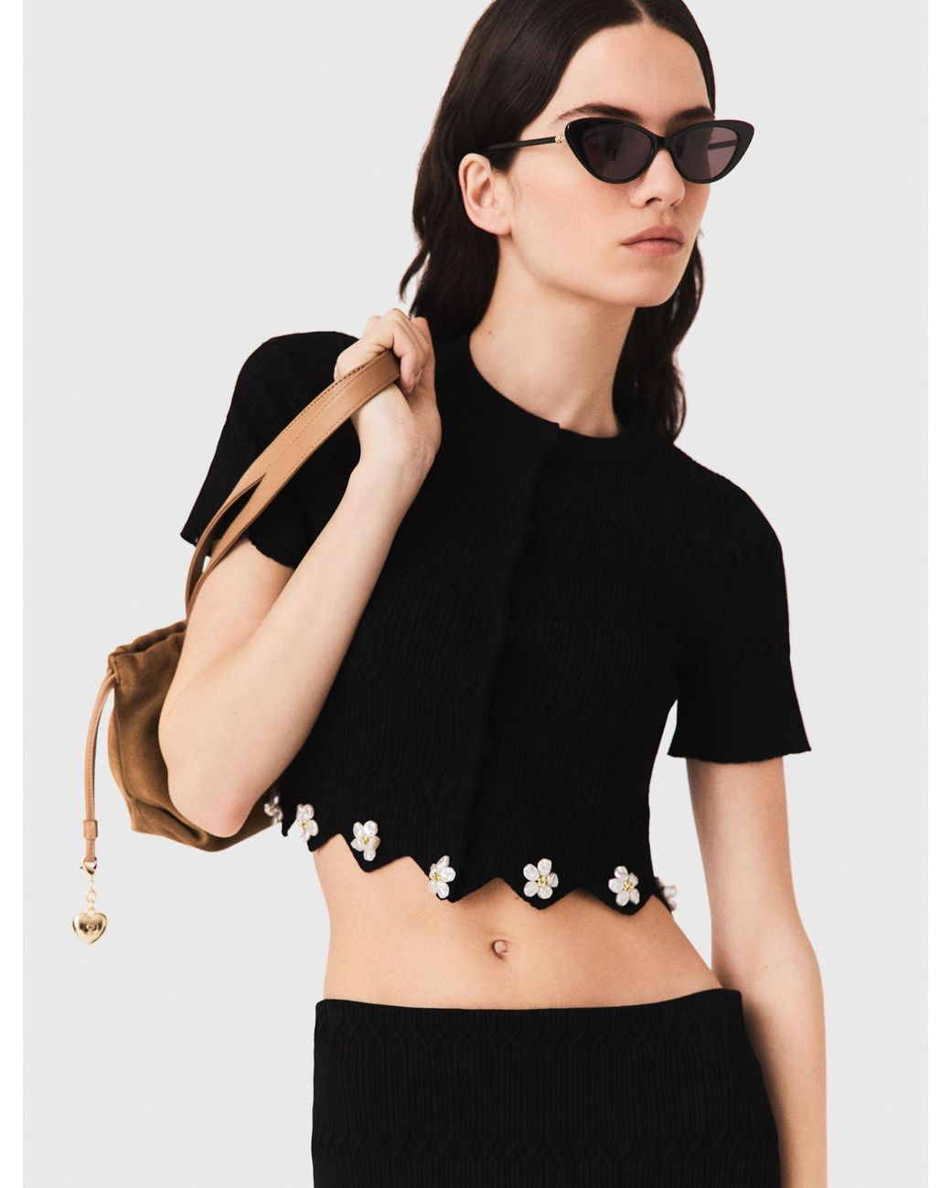 Maje Black Cardigan With Floral Jewel Details