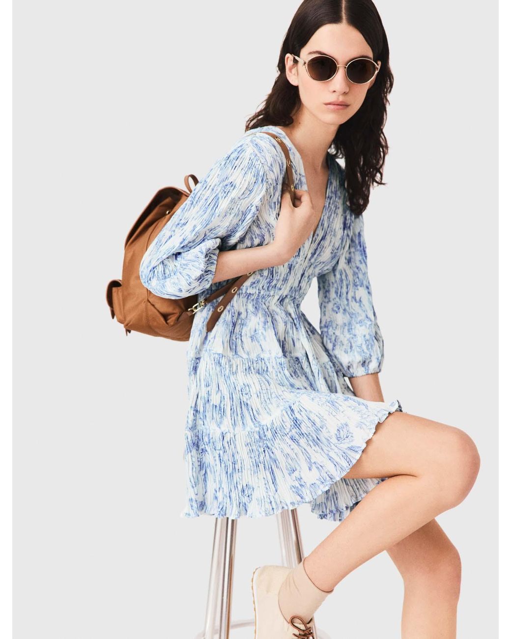 Maje Blue Patterned Pleated Dress