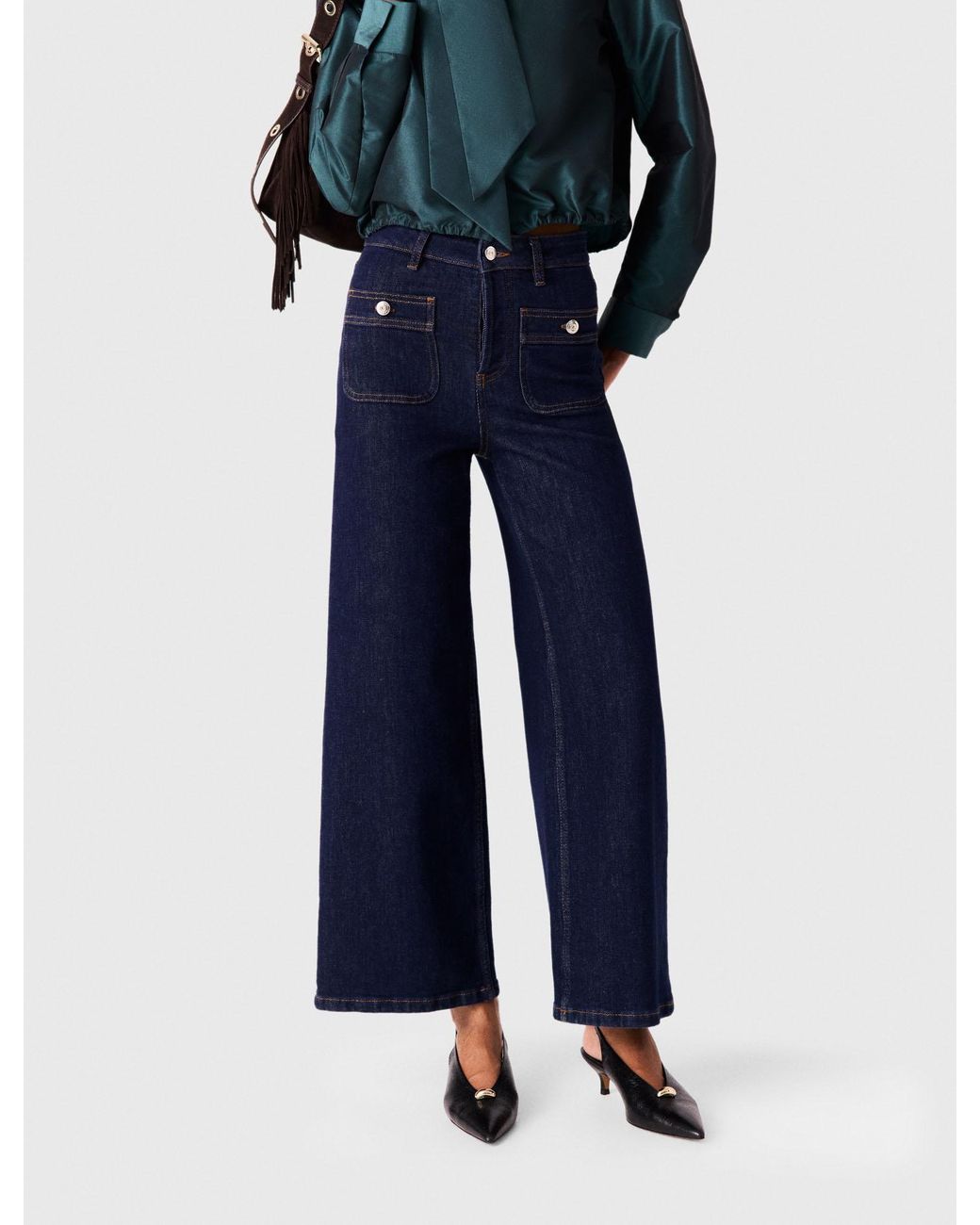 Maje Blue Wide Jeans With Patch Pockets