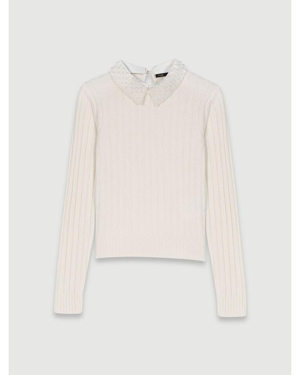 Maje White Pearl-Collar Ribbed Jumper