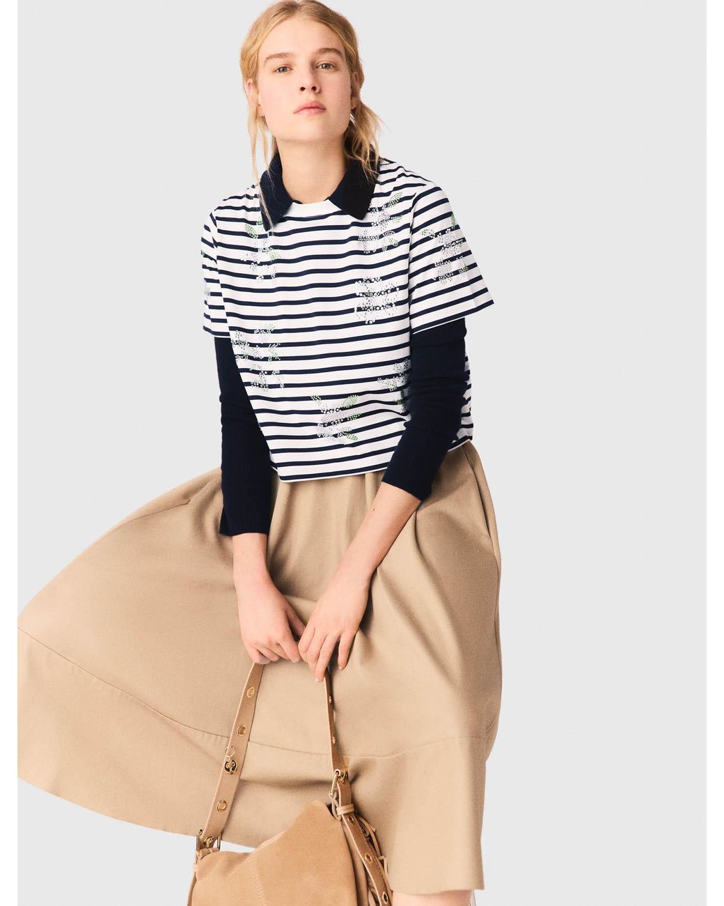 Maje White Striped Rhinestone Flower T-Shirt