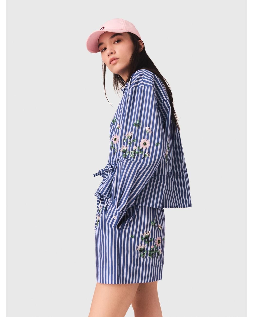 Maje Blue Cropped Embroidered Striped Shirt