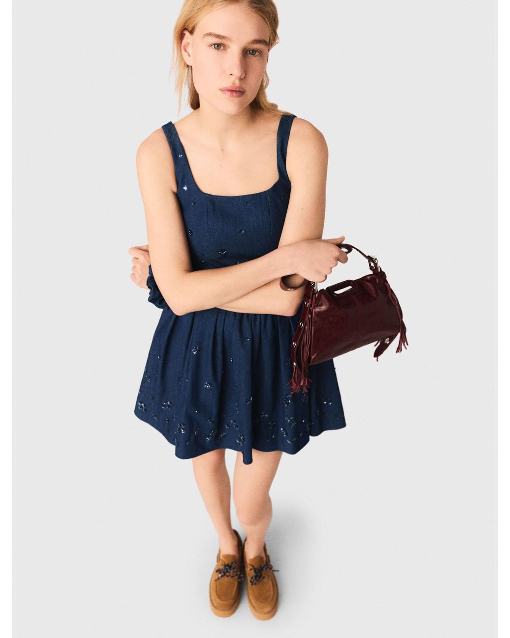 Maje Blue Flared Embroidered Denim Dress