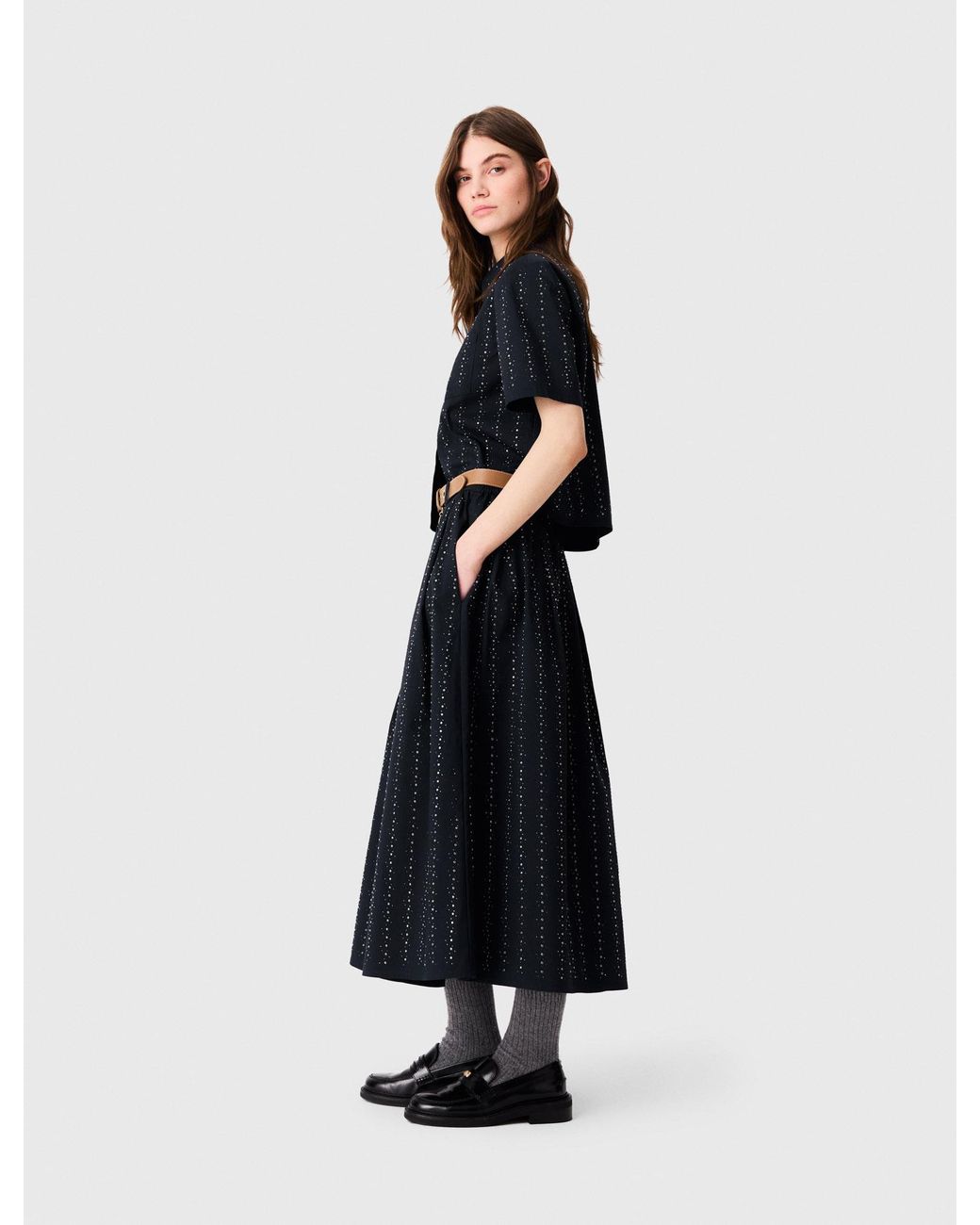Maje White Long Rhinestone Cotton Skirt