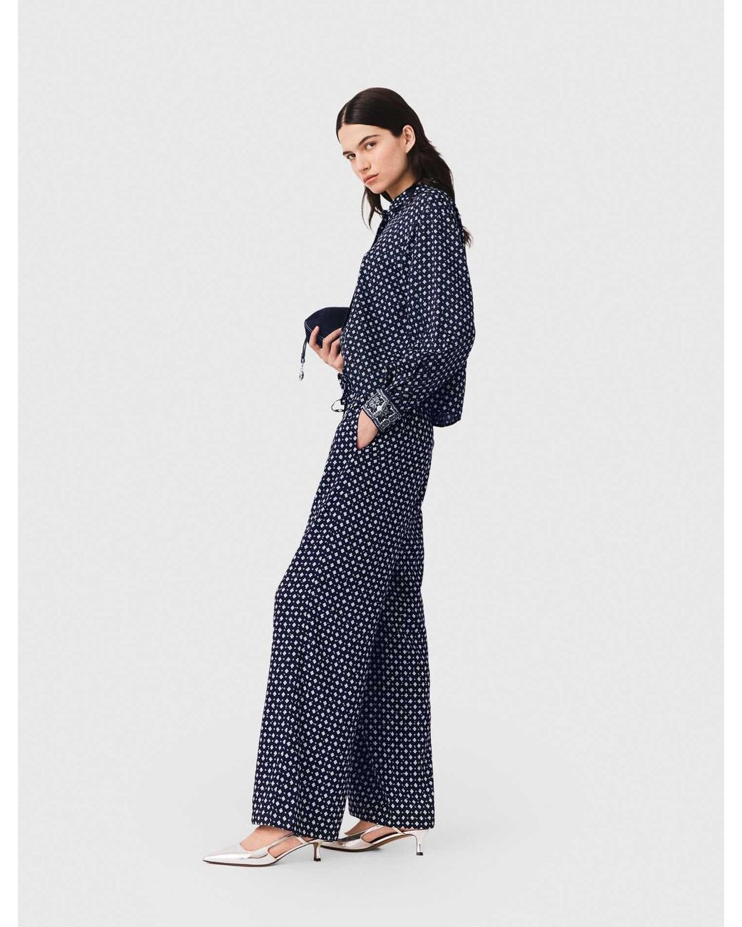 Maje Blue Wide-Leg Trousers With Rhinestone
