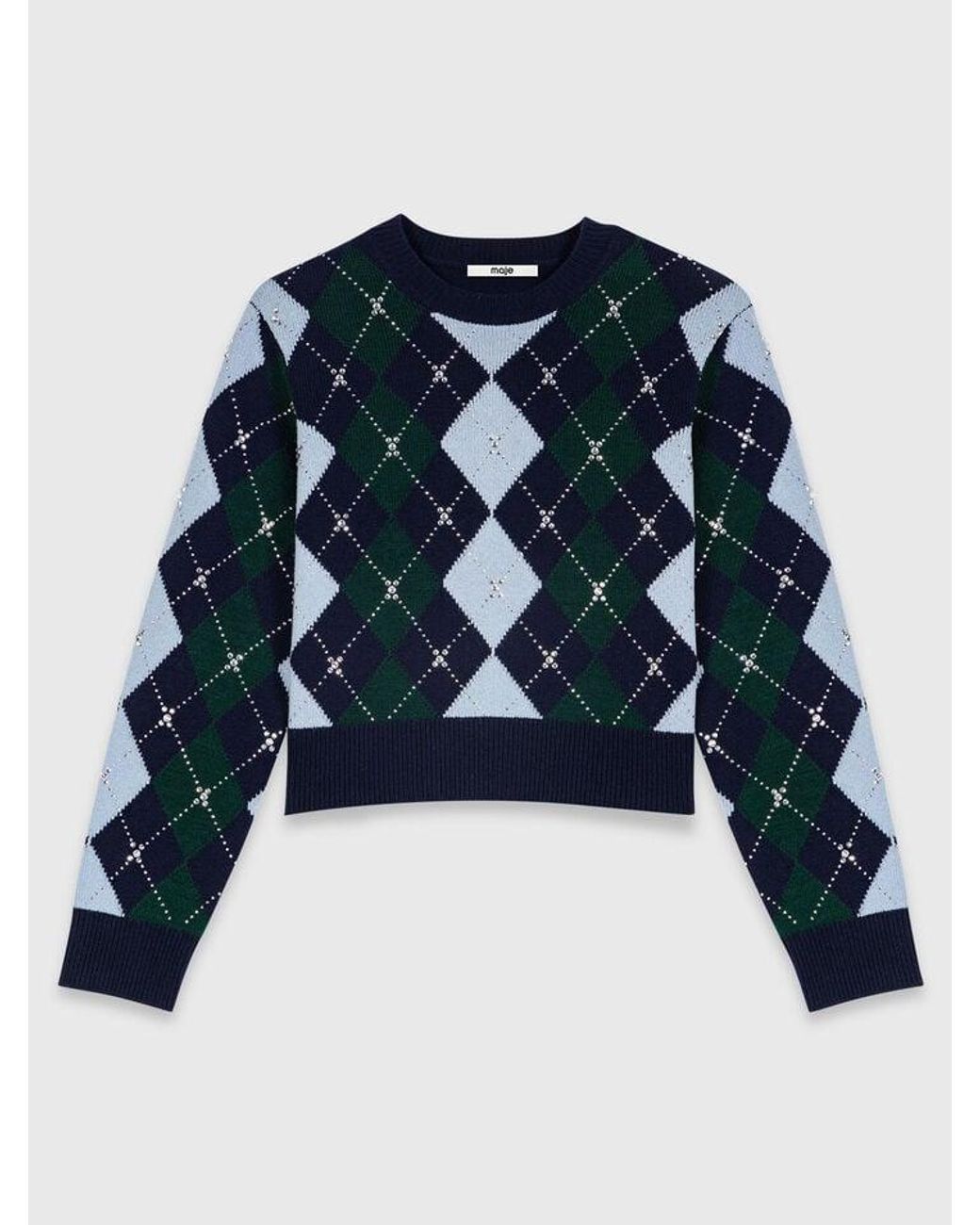 Maje Blue Argyle Jumper With Rhinestones