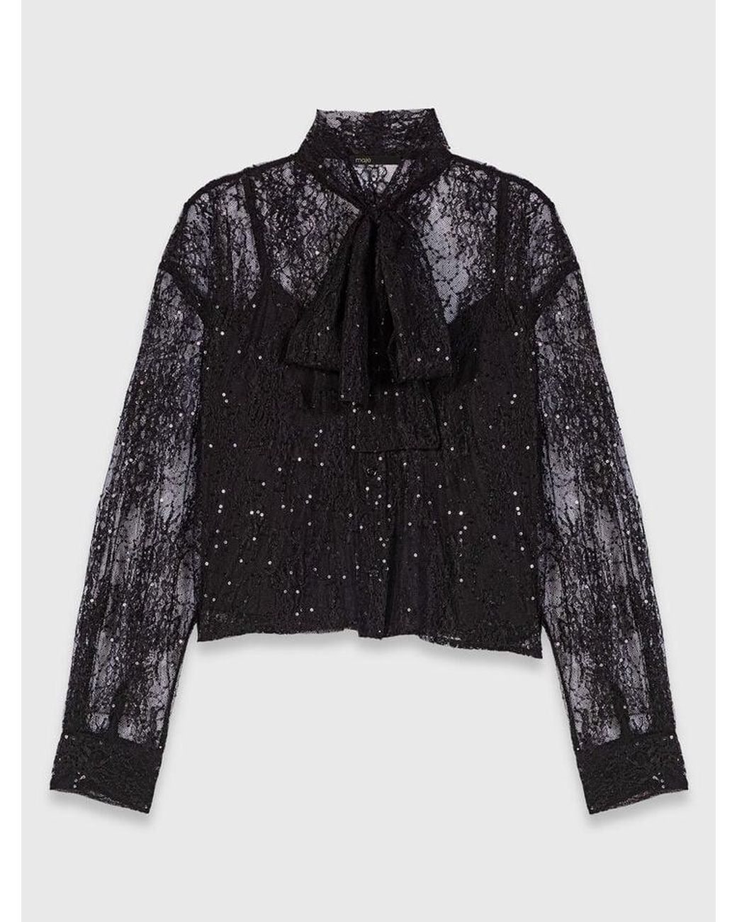 Maje Black Lace Pussy Bow Shirt