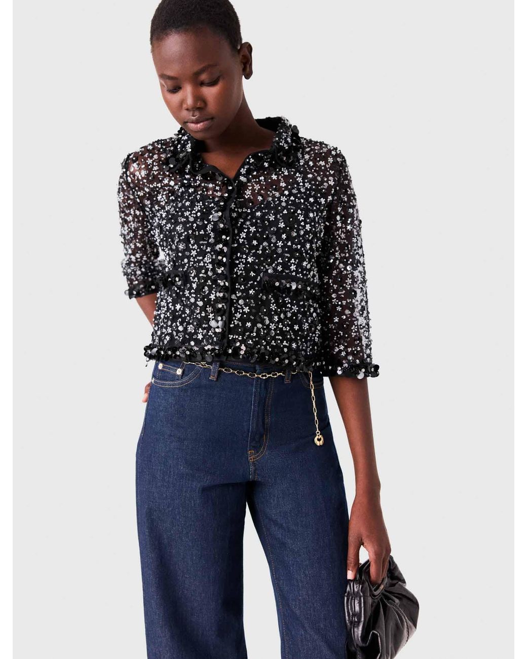 Maje Blue Floral Rhinestone Polo
