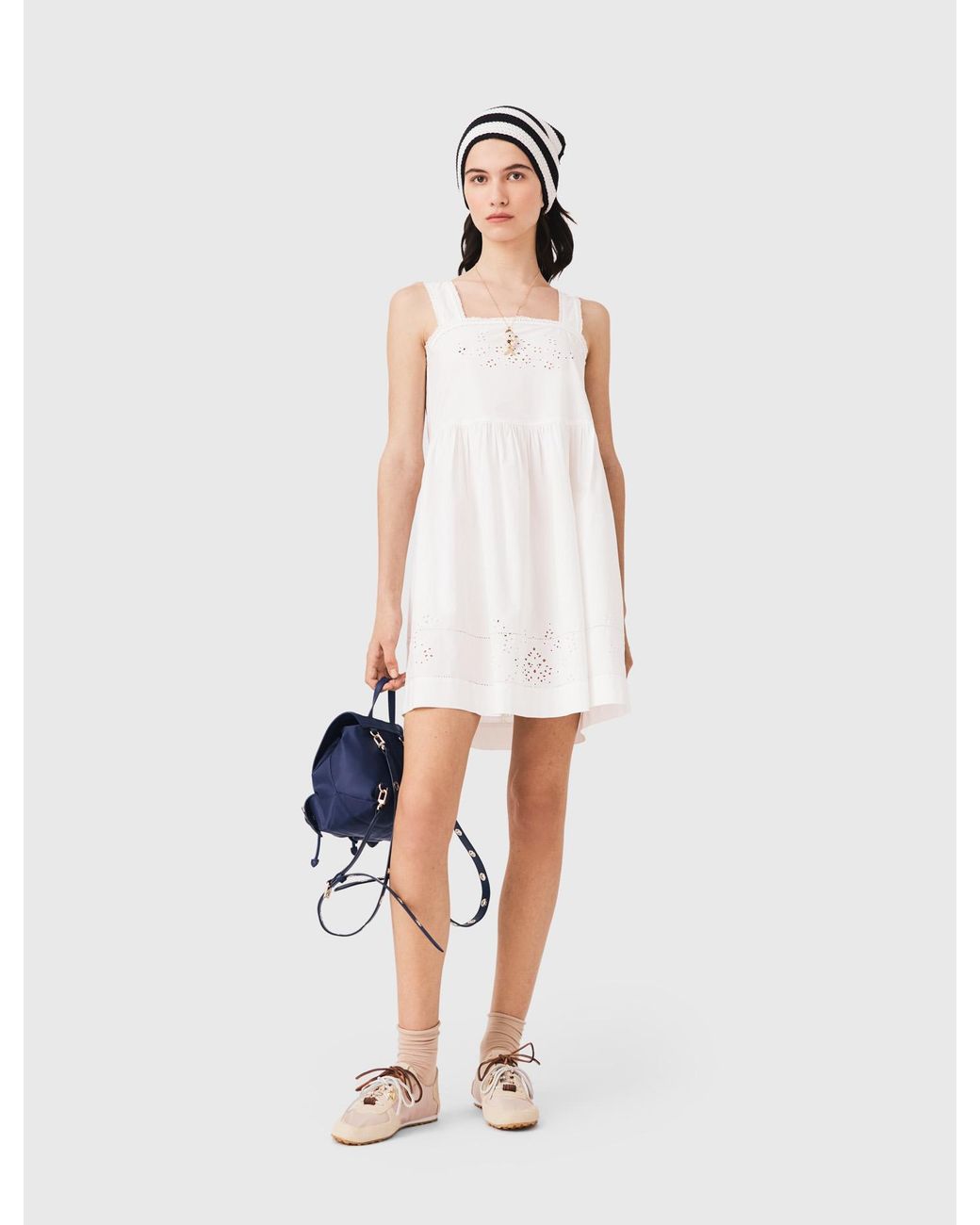 Maje White Short Dress With Lace Trim