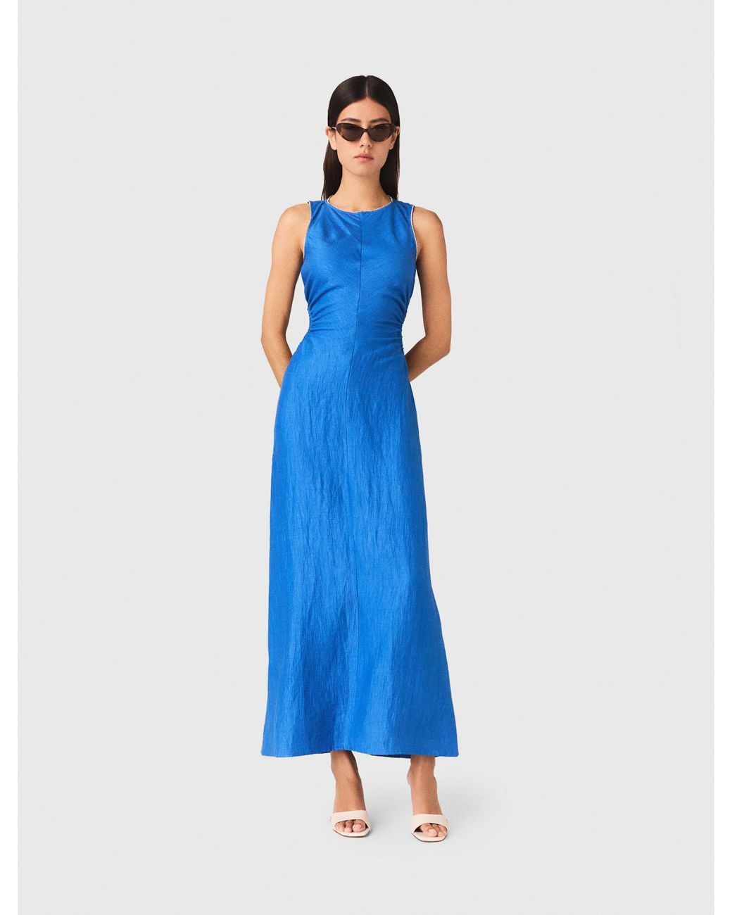 Maje Blue Backless Linen-Blend Midi Dress