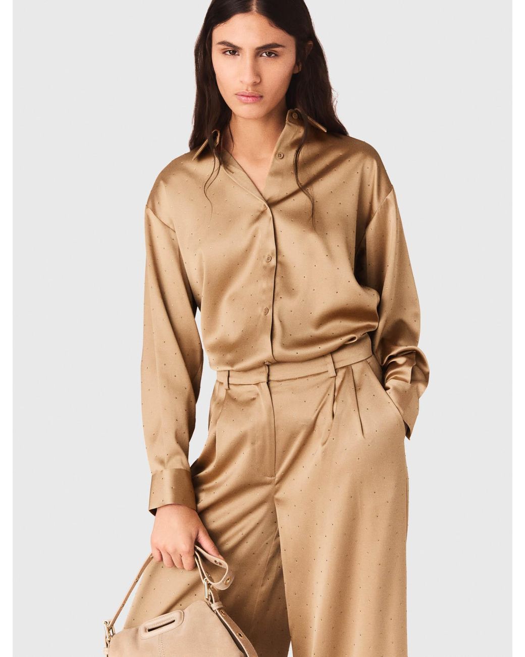 Maje Natural Rhinestone Satin Shirt