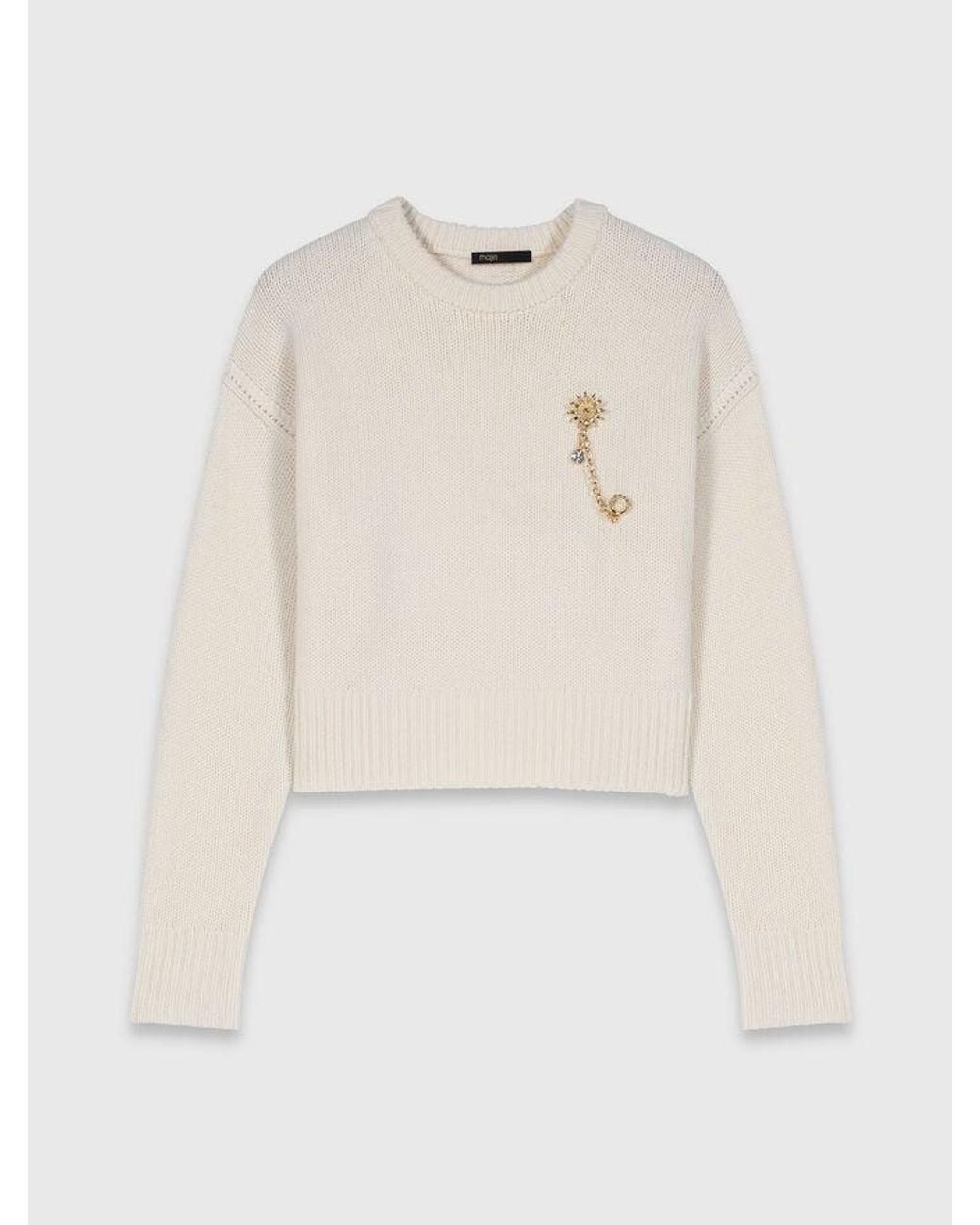 Maje White Jumper With Floral Brooch