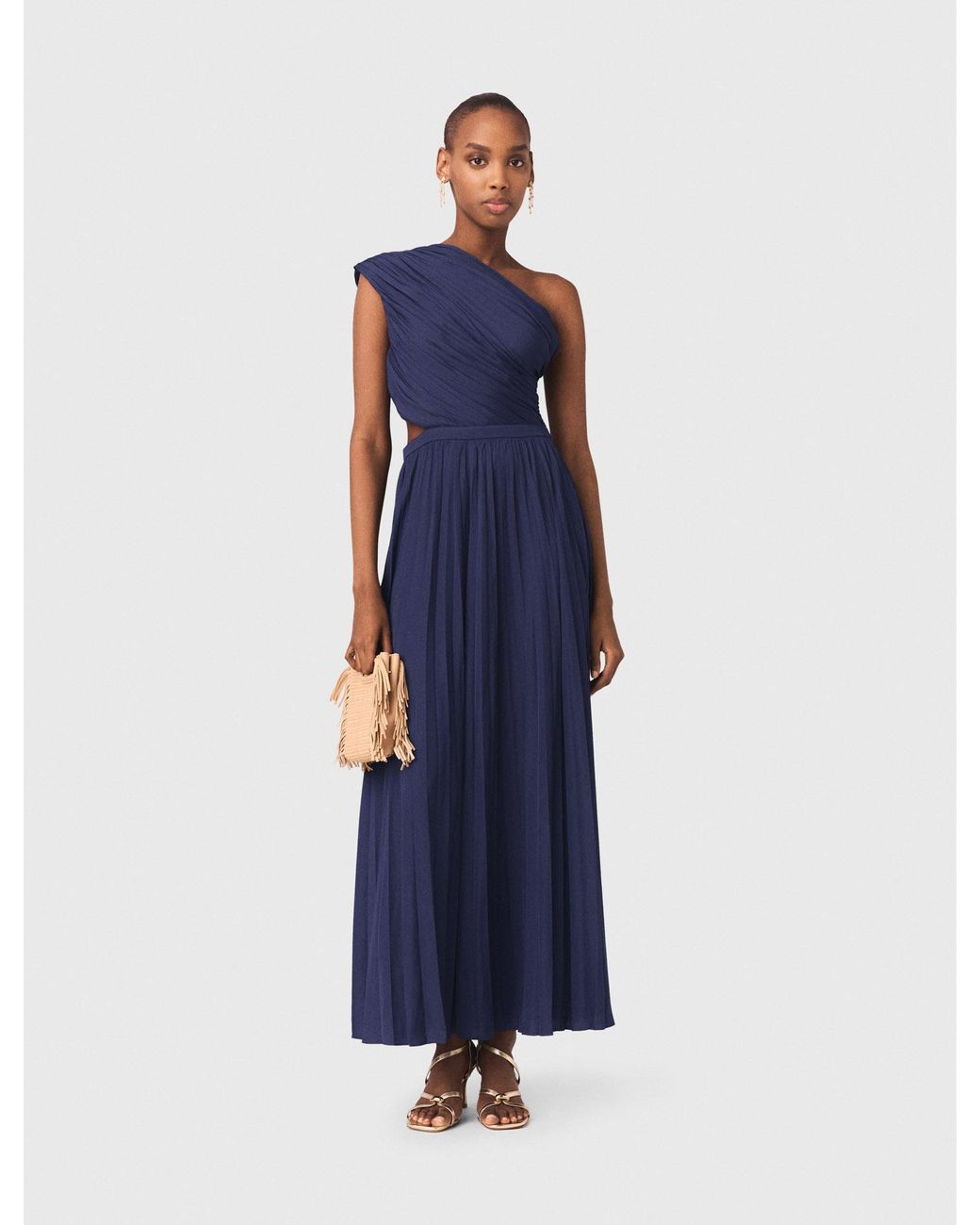 Maje Blue Asymmetrical Pleated Maxi Dress