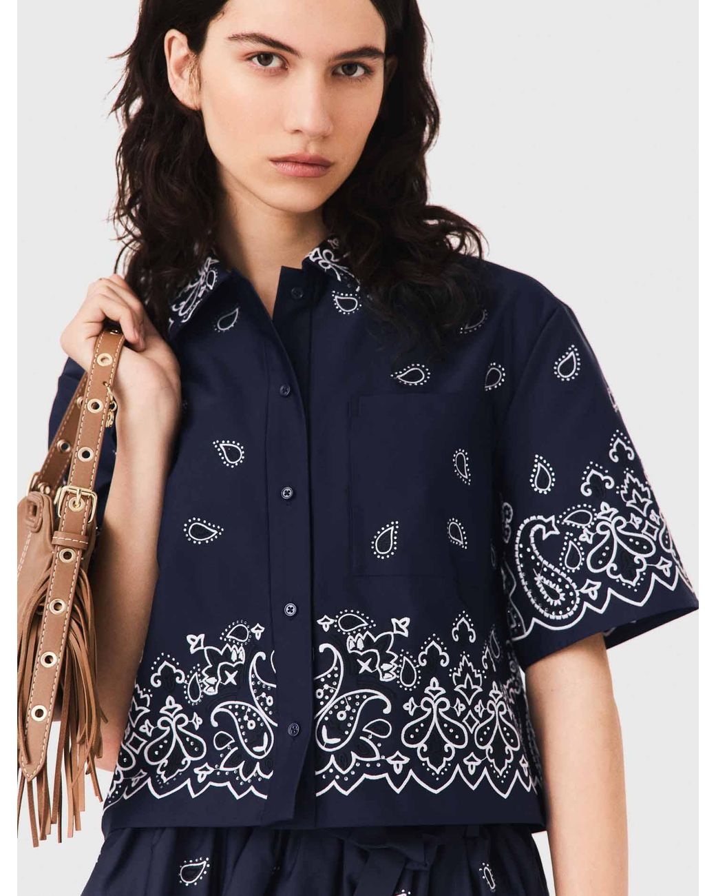 Maje Blue Cropped Embroidered Bandana Print Shirt