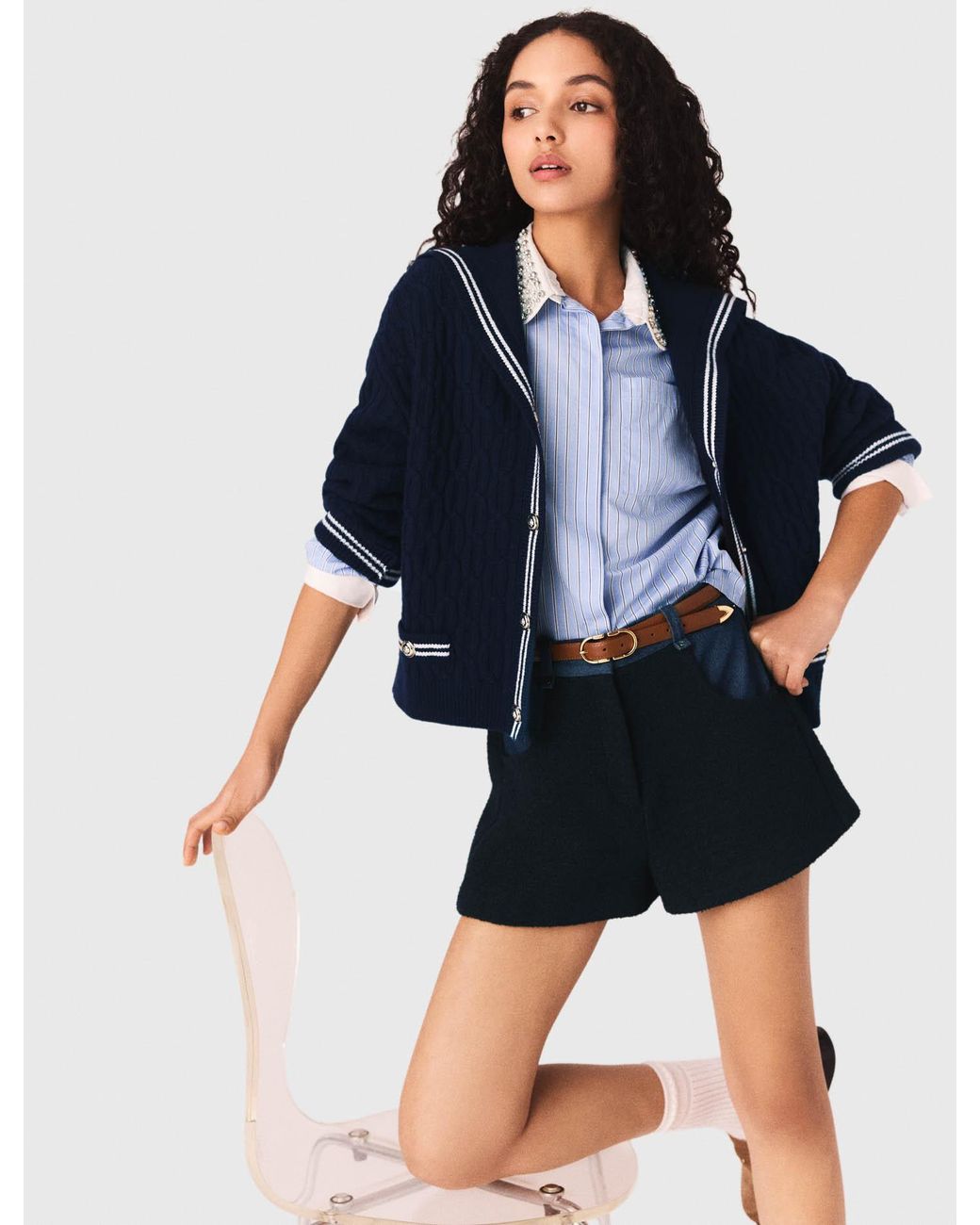 Maje Blue Tweed Shorts With Denim Details