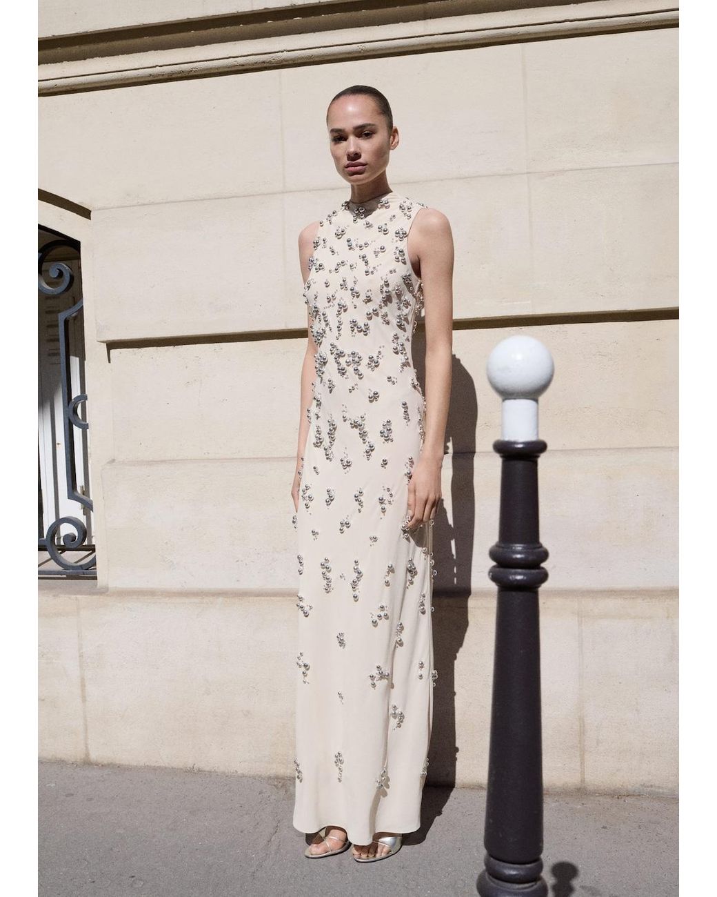 Mango Long Dress With Embroidered Spheres in Natural | Lyst