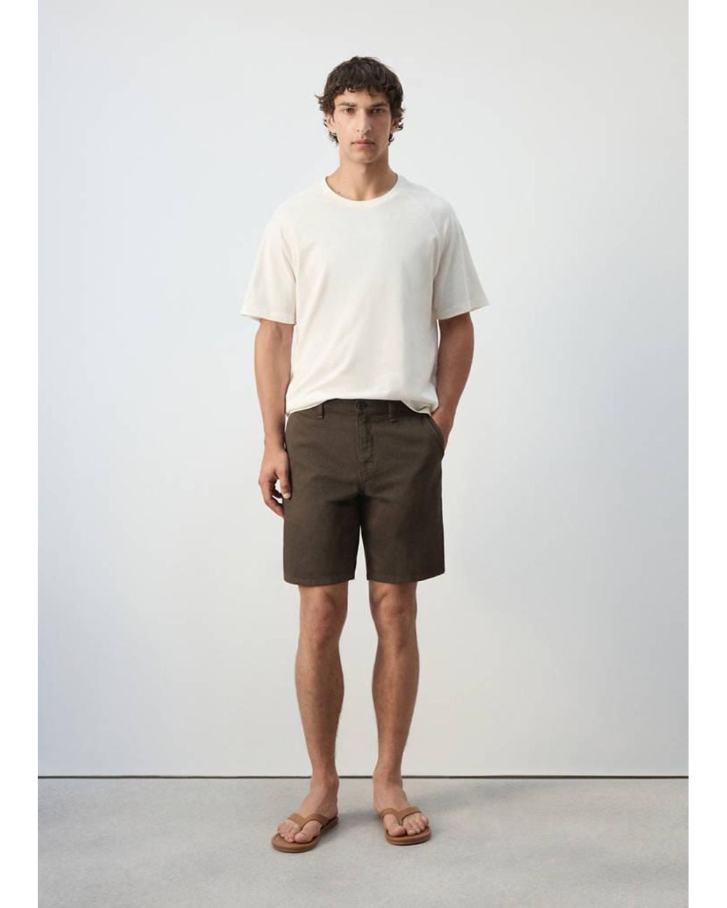 Mango White Cotton-Linen Blend Denim Bermuda Shorts, Regular Fit for men