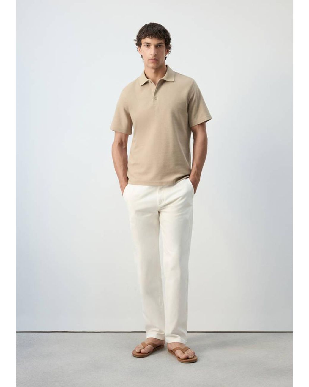 Mango White Textured Cotton Blend Polo for men