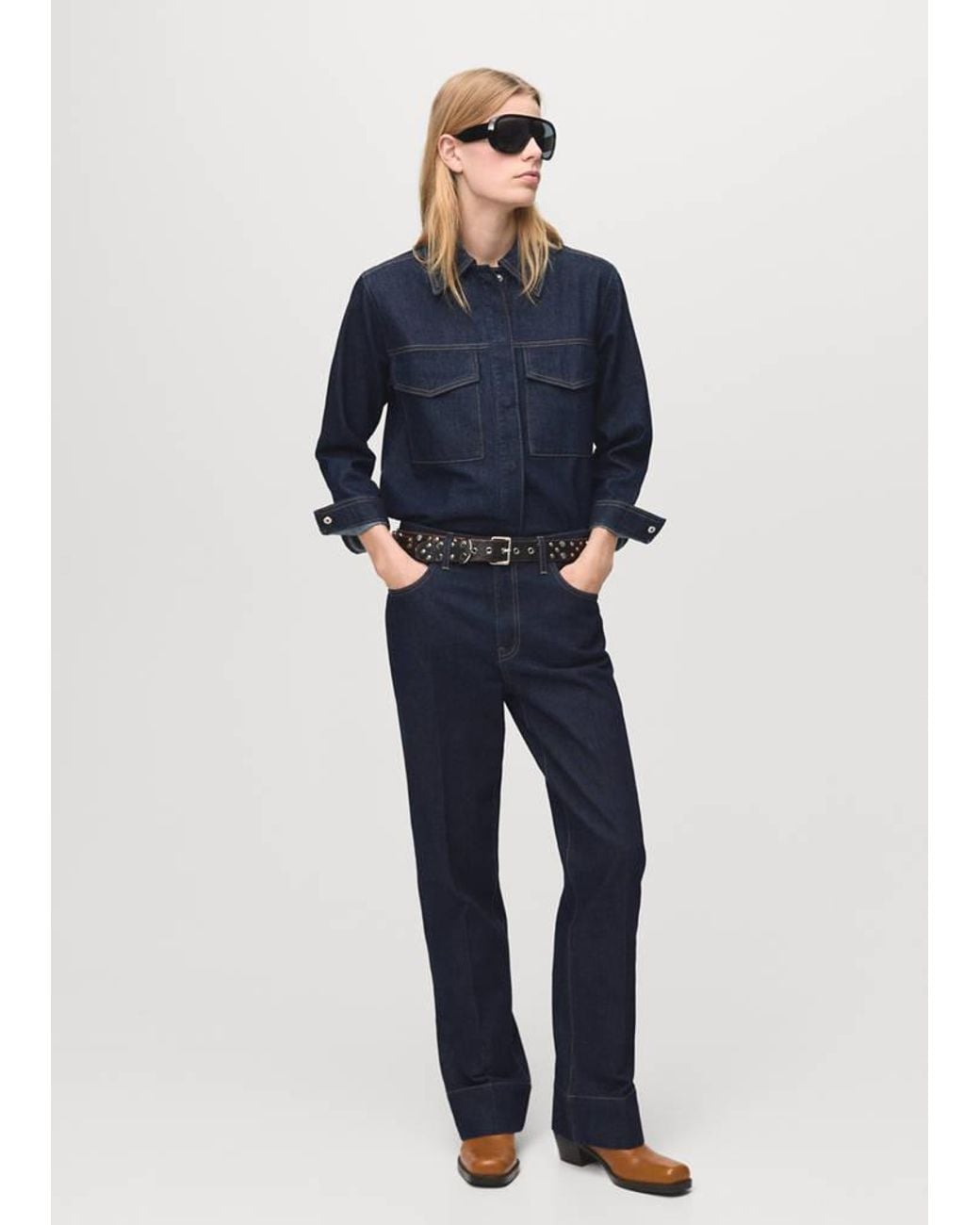 Mango Blue Straight-Leg Jeans With Seam Stitching